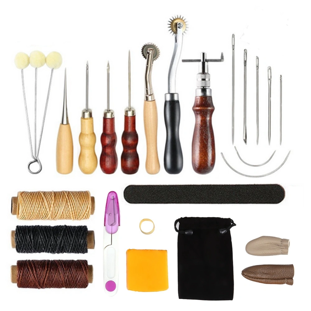 17 Pcs Leather Tools DIY Hand Stitching Kit with Groover Awl Waxed Thimble Thread for Sewing