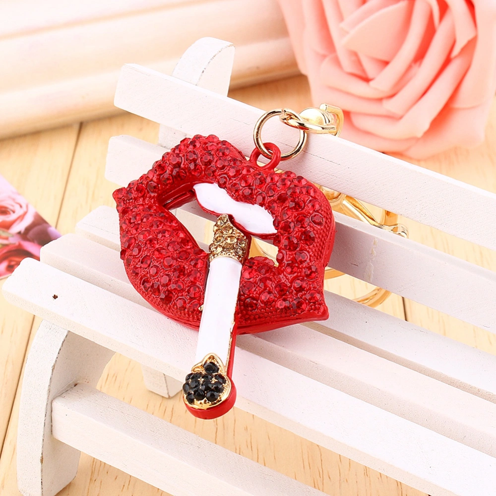 New Cool Smoking Red Lips Keyring Rhinestone Crystal Charm Pendant KeyChain Gift