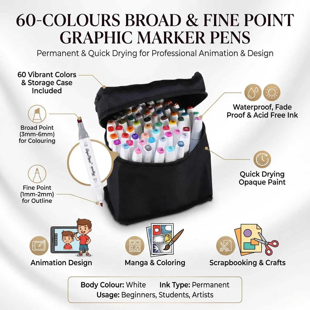 Broad & Fine Point Tips 60-Colours Graphic Marker Pens for Animation Design