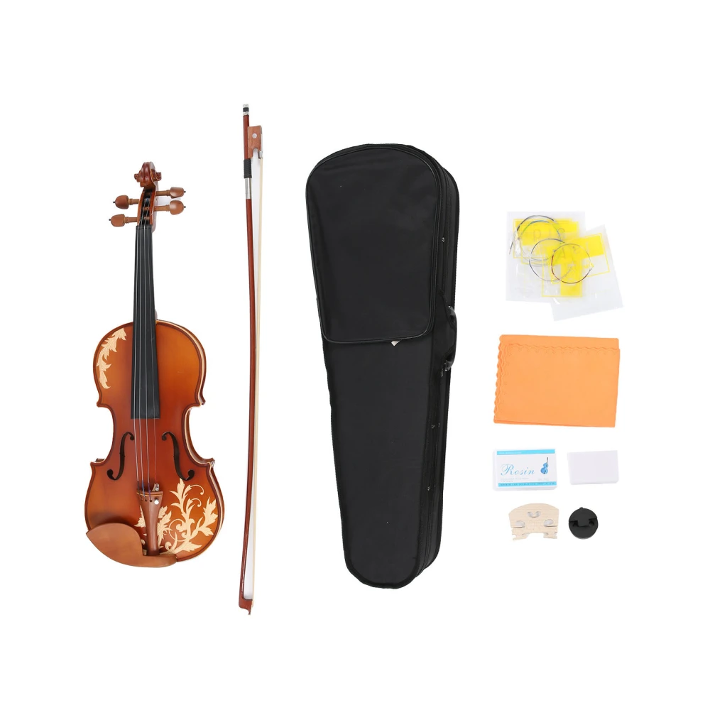 Flower Carved Wood Violin Set with Bow/Strings/Rosin/Wipe/Bridge/Case 4/4 AV‑608