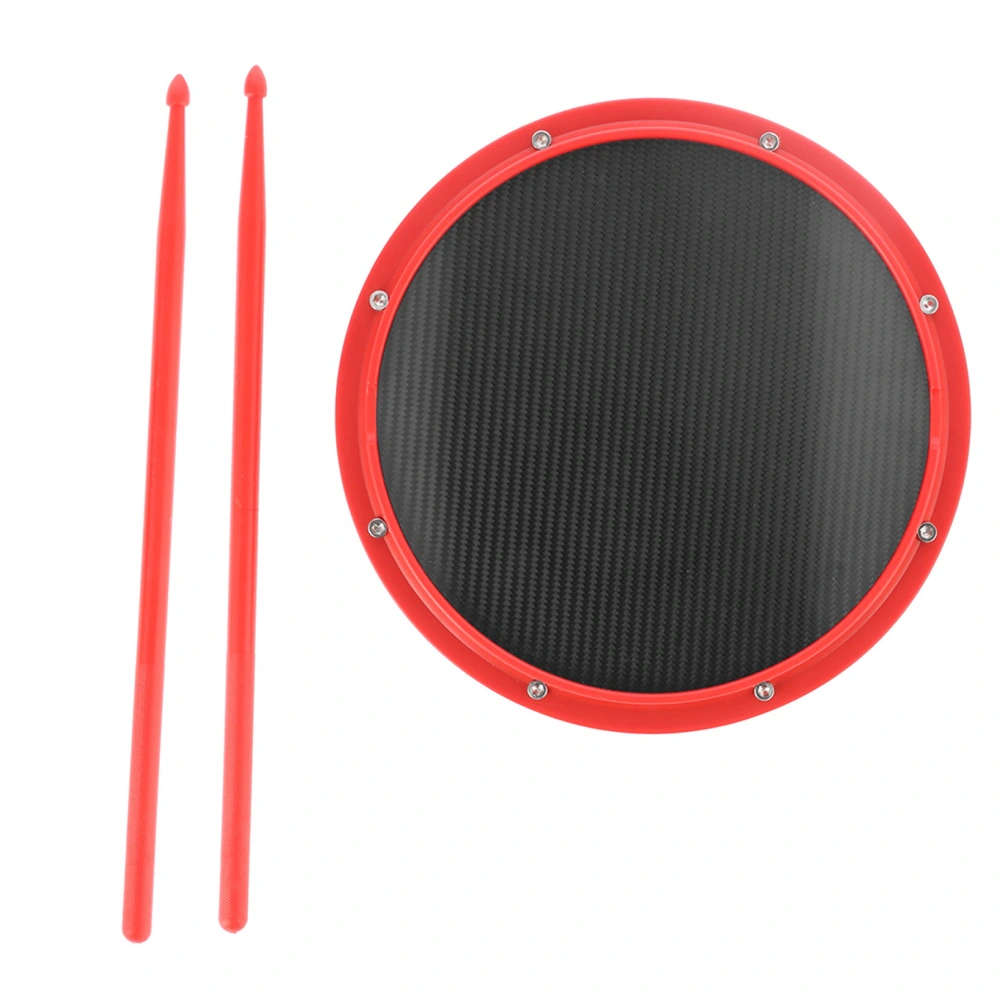 12in Drum Pad Percussion Training Carbon Fiber NonSlip ShockAbsorbent Mat with Drumsticks(Red )