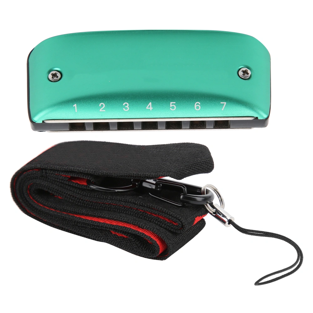 7 Holes Harmonica FKey 27Tone Mouth Organ with Strap Wind Instrument for Beginner Green