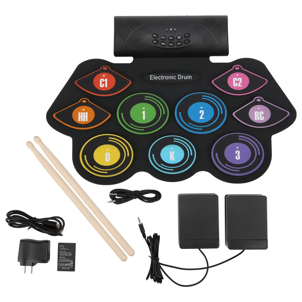 Foldable Electronic Drum Set Silica Gel ABS Colorful 2 Loudspeakers for BeginnersUS Plug 100‑240V