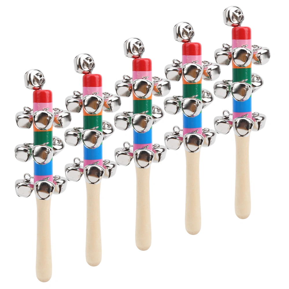 5pcs Handle Wooden Bells Colorful Percussion Instrument Infant Baby Rattle Toys with 10pcs Small Bells