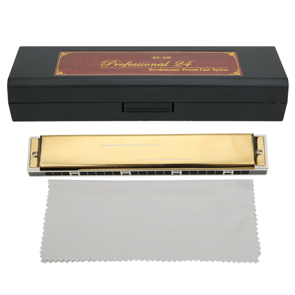 Harmonica Professional Mouthorgan Beginner Gifts 1.2mm Brass Base Plate 24&#8209;Hole Polyphonic(Golden G Key)