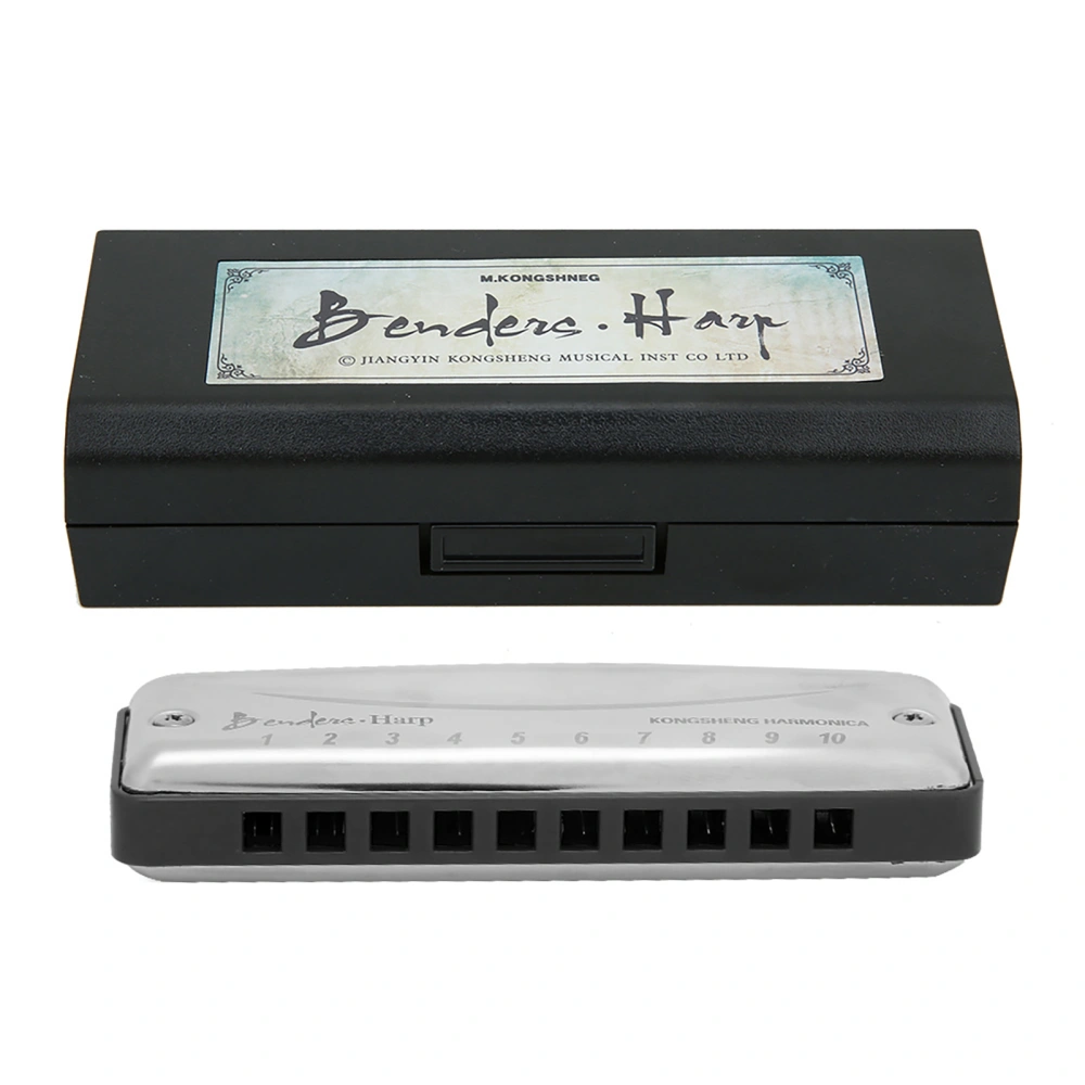 Blues Harmonica 10&#8209;Hole Mouthorgan #F Key Portable High Gloss Stainless Steel Cover WaterproofBlack