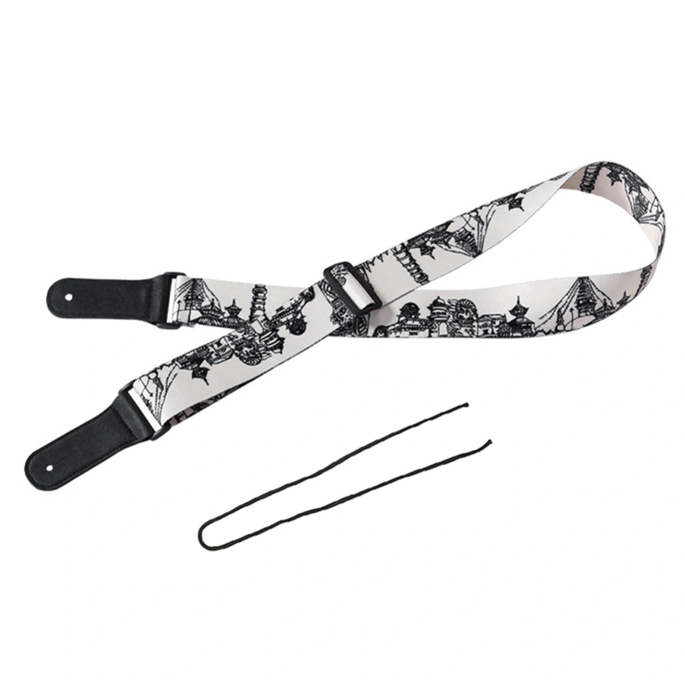 Leather Shoulder Strap Black White Printed Adjustable Length Durable for Bass / Folk Guitar