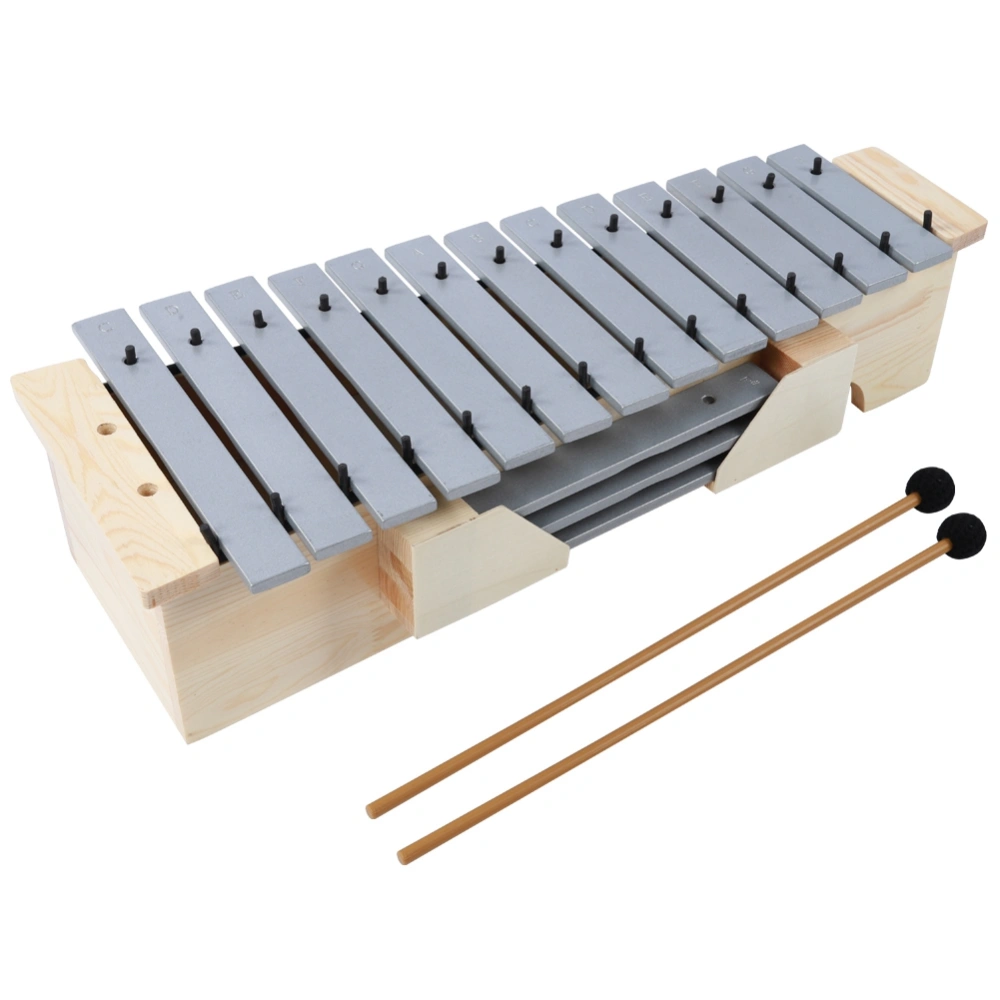 Xylophone 16-Tone Wood Aluminum Silver Gray Percussion Instrument with 2Pcs Mallet