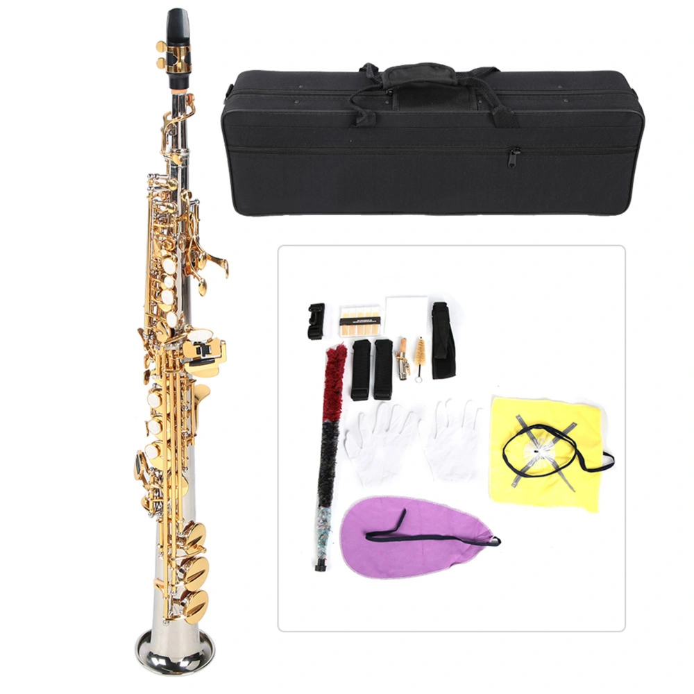 Professional Brass Soprano Straight Saxophone Silver Plated Tube Gold Key Sax with Carrying Bag