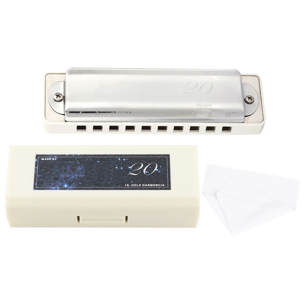 KONGSHENG AM-20D Phosphor Bronze Reed 10 Hole 20 Tone Blues Harmonica in the Key of C(White)