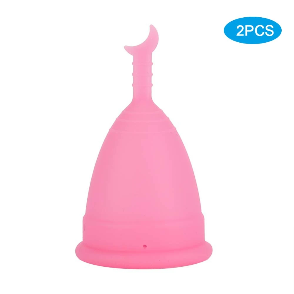 2Pcs Silicone Women Menstrual Cup Female Hygiene Cup Menstruation Period SuppliesMoon Shaped Pink L