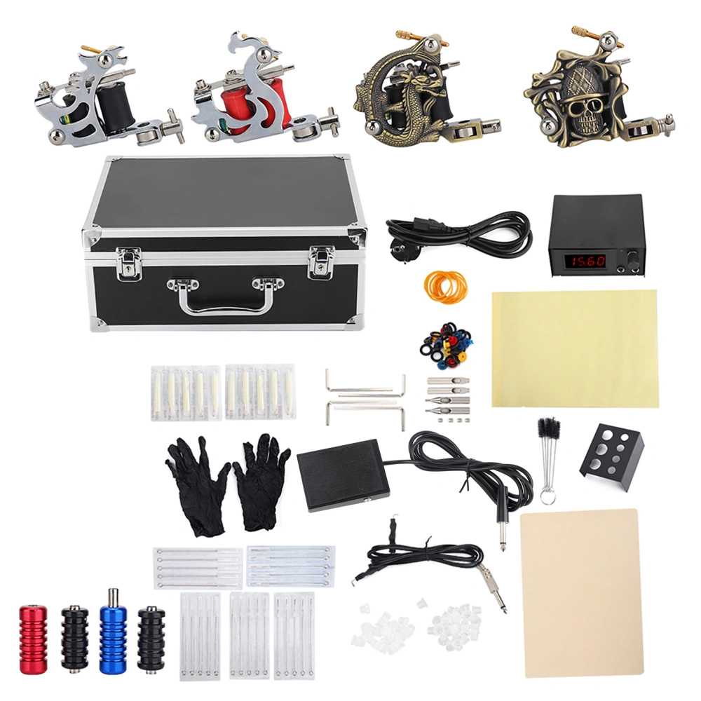 Tattoo Kit Tattoo Machine Power Supply Needle Foot Pedal Practice Skin Tool Set 60-250VEU Plug