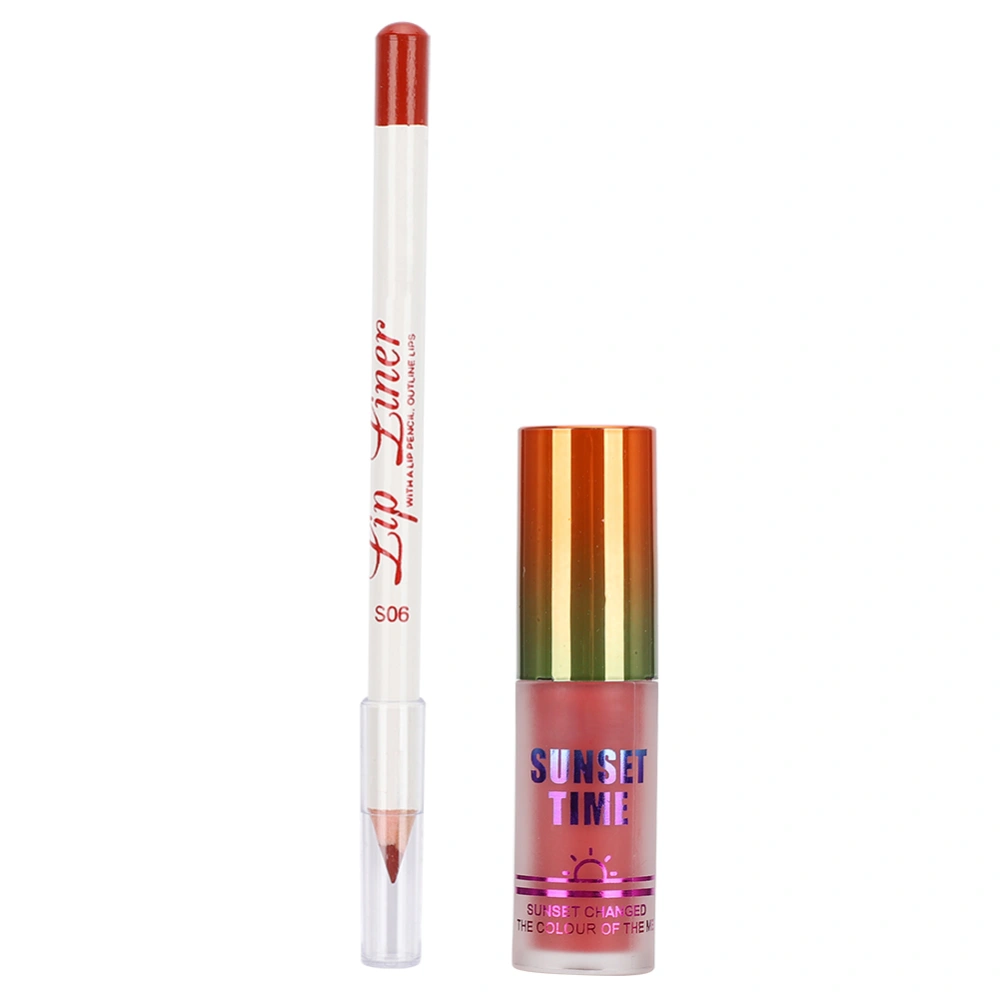 NAGETA 3 Colors Lip Gloss Lip Liner Long Lasting Liquid Lipstick Lip Makeup6#Sunset Time