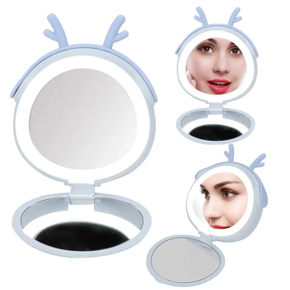 3000mAh Portable USB Power Bank Charger Makeup Mirror with Lights Girl GiftBlue