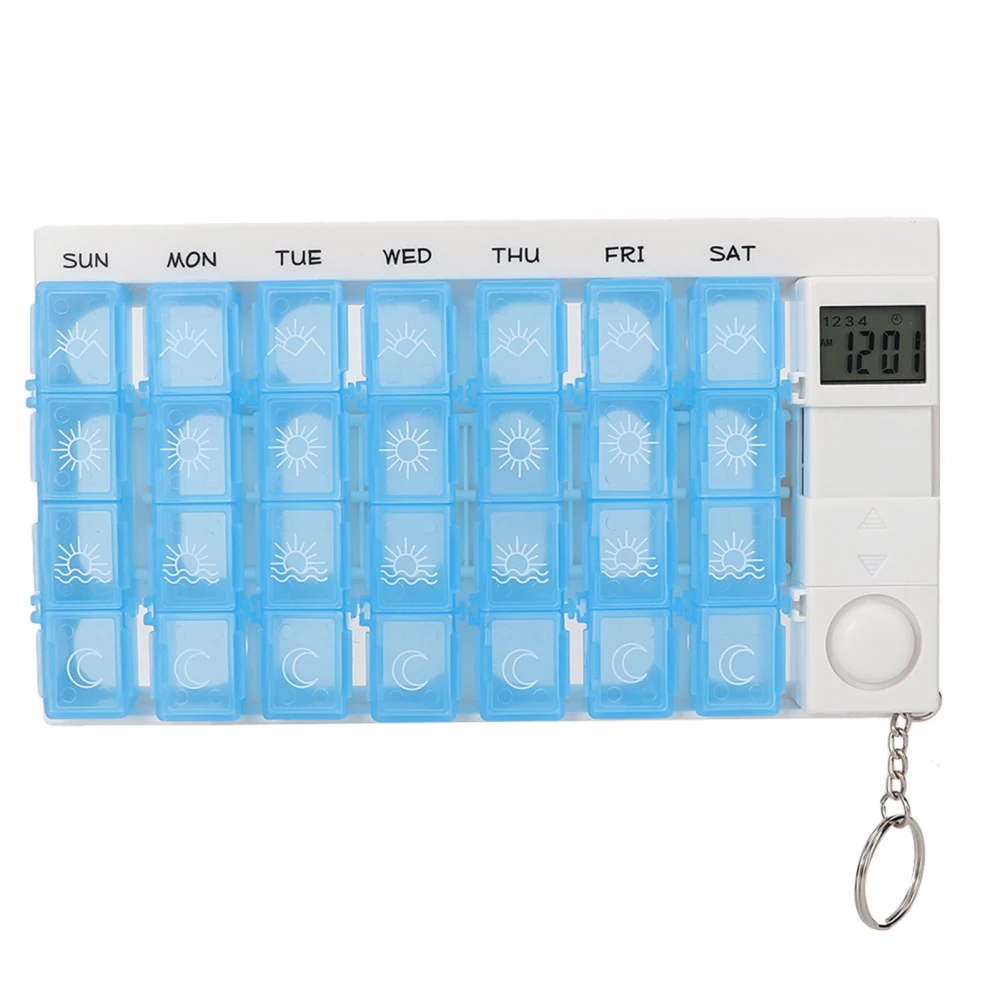 28 Grids Weekly Portable Medicine Tablet Pills Candy Storage Box Organizer Case with RemiderBlue