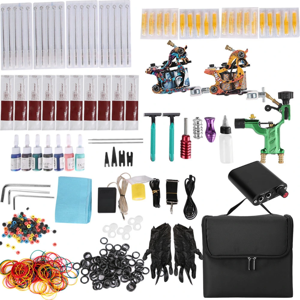 90-265V Complete Tattoo Kit Machine Needles Grip Foot Pedal Tool with Storage BagUS Plug