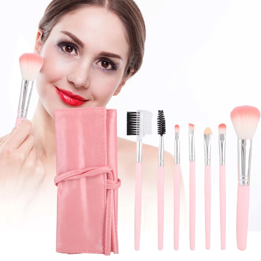 7pcs Portable Makeup Brush Set Beauty Tool for Beginners with PU Brush Bag (Pink)