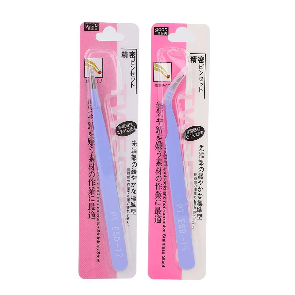 2Pcs Stainless Steel Nail Art Tweezers Anti static Straight Curved Manicure Tweezers Purple