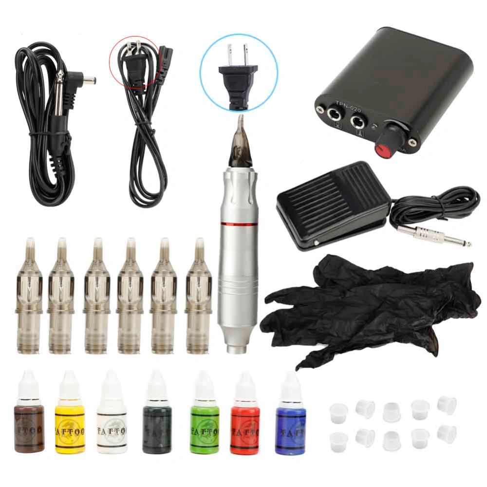 Tattoo Pen Tool Kit Tattoo Machine Liner Shader Ink Tattoo Needle Accessories Set (Silver US)