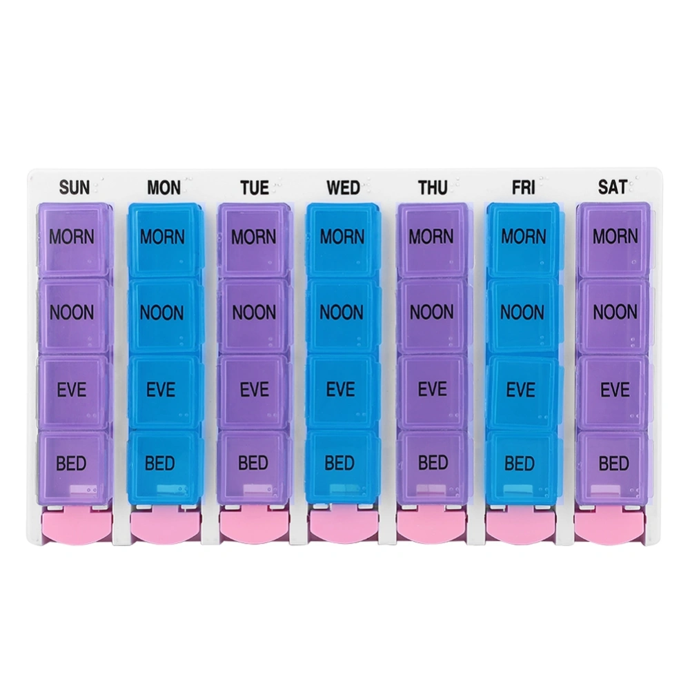 7 Days 4 Times a Day 28 Compartments Pill Box Medicine Organizer with Push Button (Blue Purple)