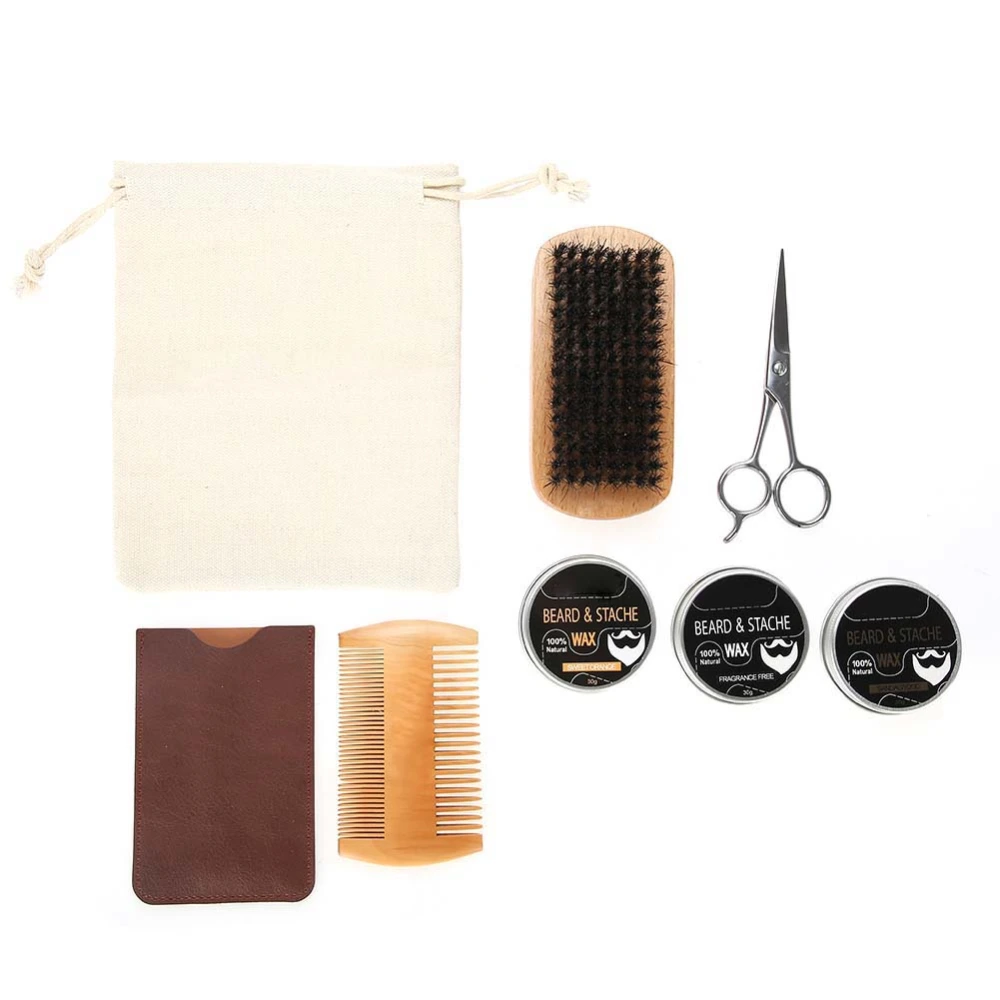 3pcs Beard Care Kit Balm + Comb + Brush + Scissor + Comb Bag + Cloth Bag