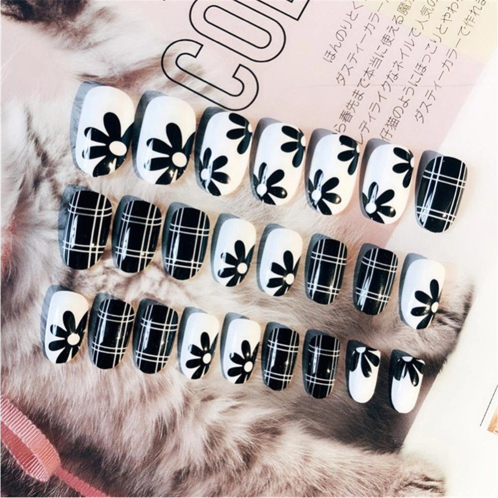 24Pcs/Box Flower Stripes Pattern Decoration Artificial False Fake Nail Art Tip & Glue