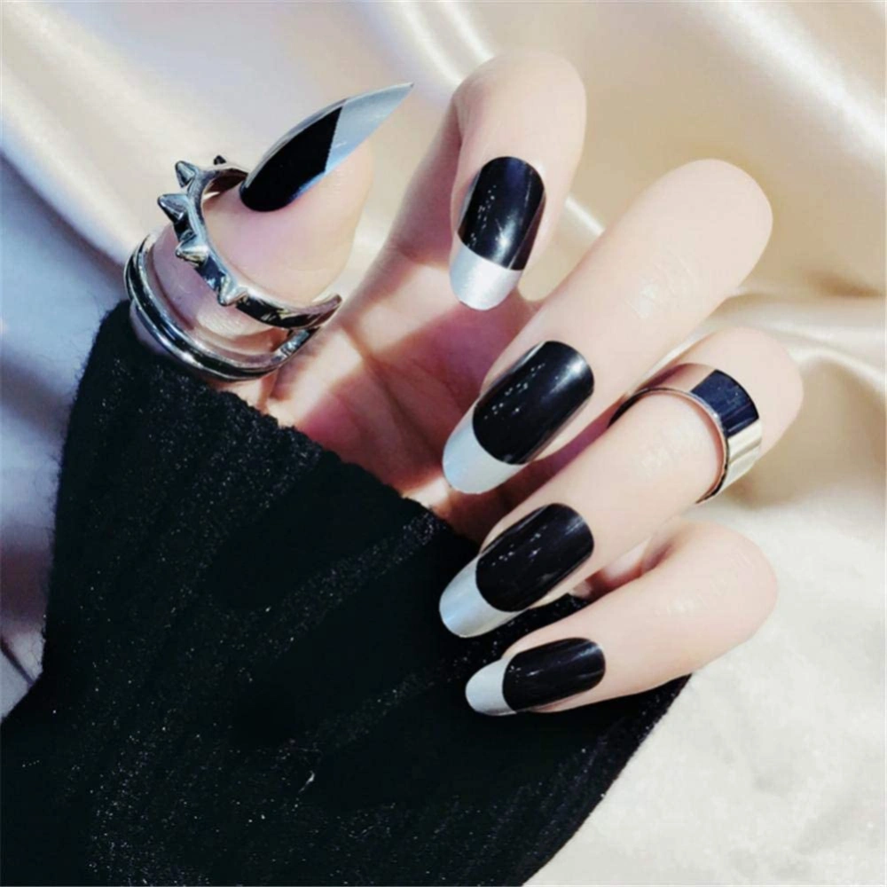 24Pcs Black & Silver Pattern Decoration Artificial False Fake Nail Art Tip & Glue