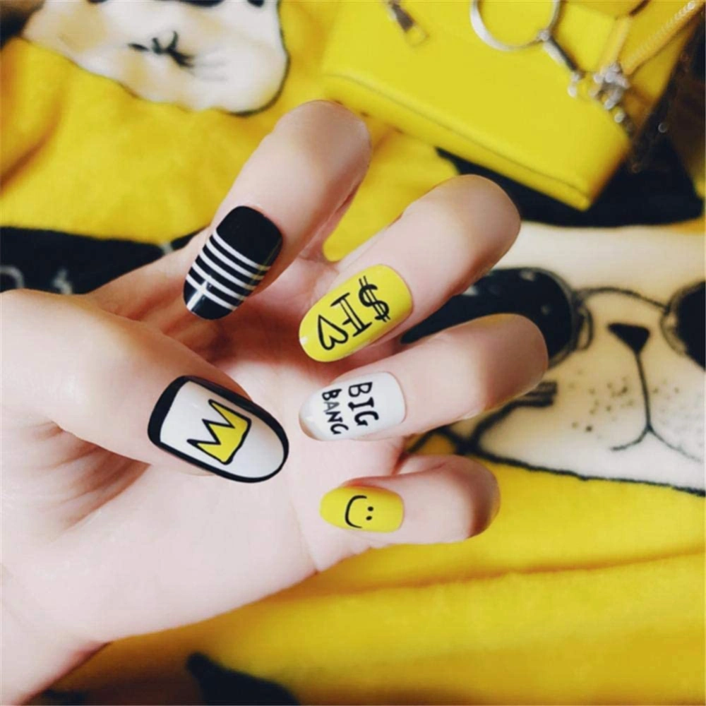 24Pcs Cute Cartoon Pattern Decoration Artificial False Fake Nail Art Tip & Glue