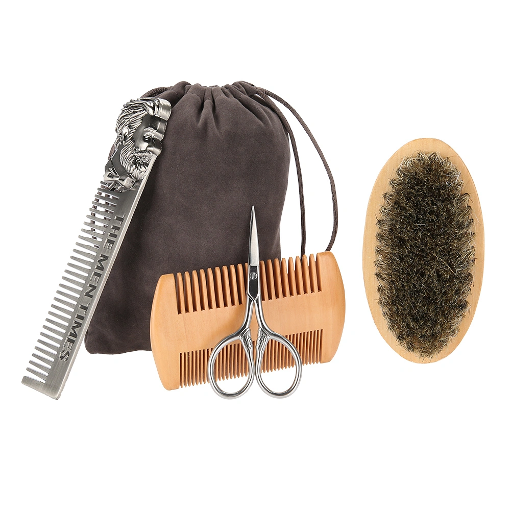 Beard Brush Set Double sided Styling Comb Scissor Repair Modeling Cleaning Care Kit