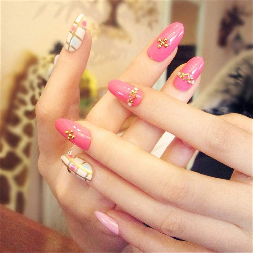 24Pcs/Box Grids Pattern Pink White Beads Decoration Artificial False Fake Nail Art Tip & Glue