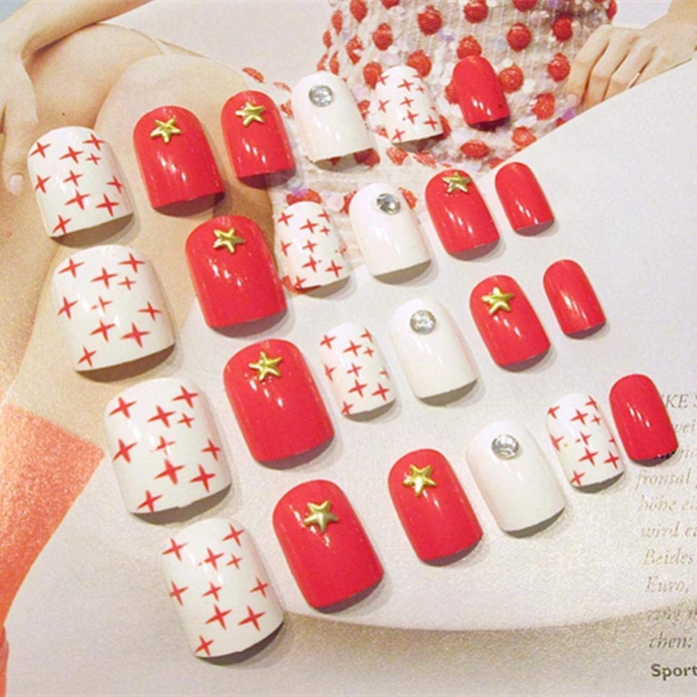 24Pcs/Box Red Star Pattern Decoration Artificial False Fake Nail Art Tip & Glue