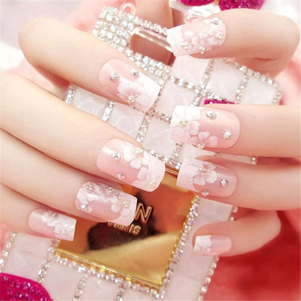 24Pcs/Box Flower Pattern Rhinestone Decoration Artificial False Fake Nail Art & Glue B7