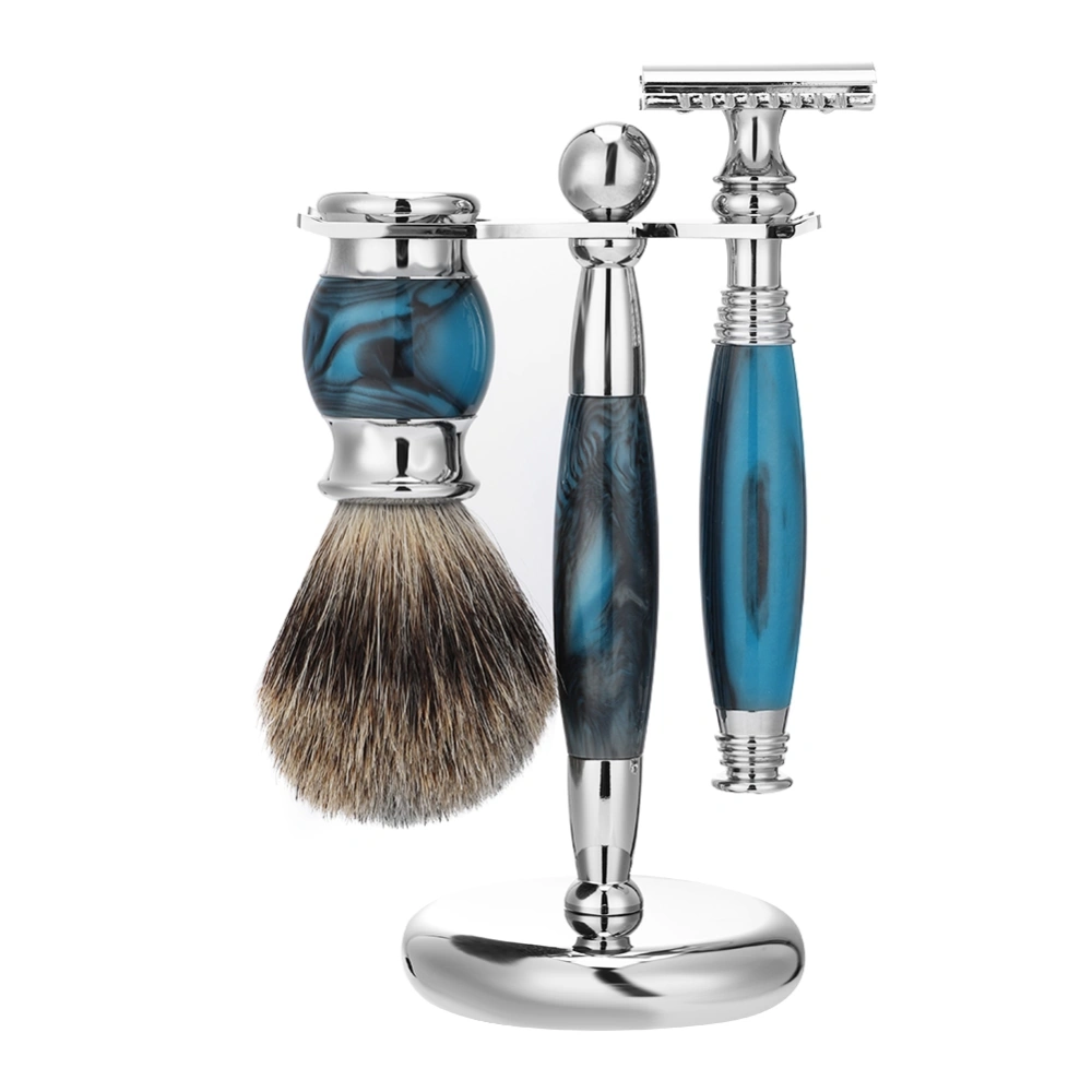 Men Manual Safety Double Edge Long Handle Razor Shaving Brush Kit Stand Holder Blue