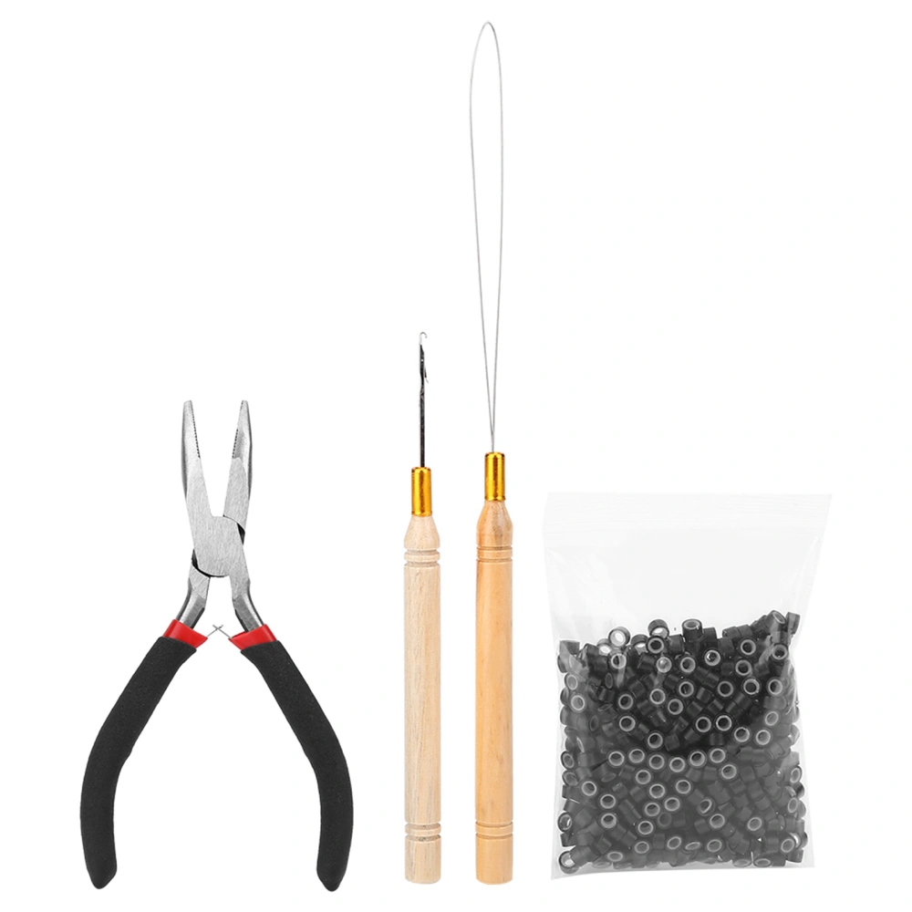 4Pcs Hair Extension Kit Pulling Needle Hook Wig Connect Pliers 500pcs Micro Rings Black