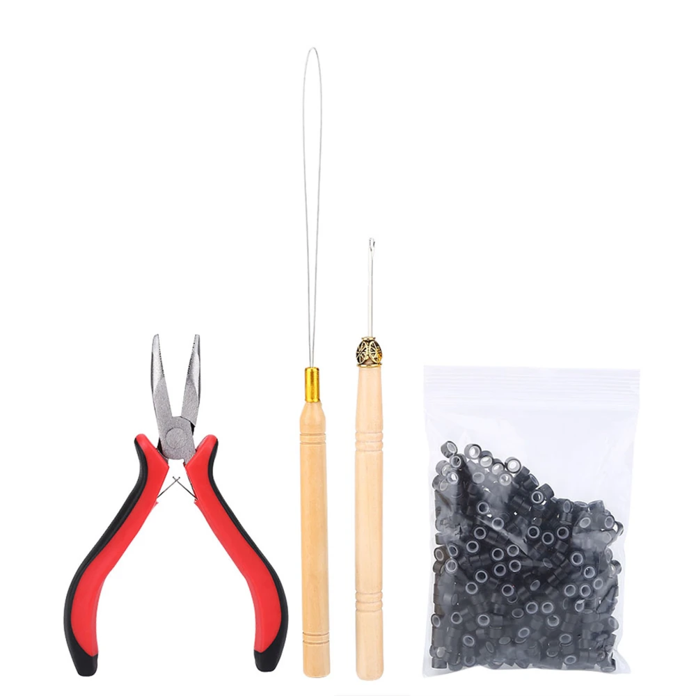 Wig Connector Kit Pliers Hook Needle with 500Pcs Micro Rings Hair Extension Accessories Black