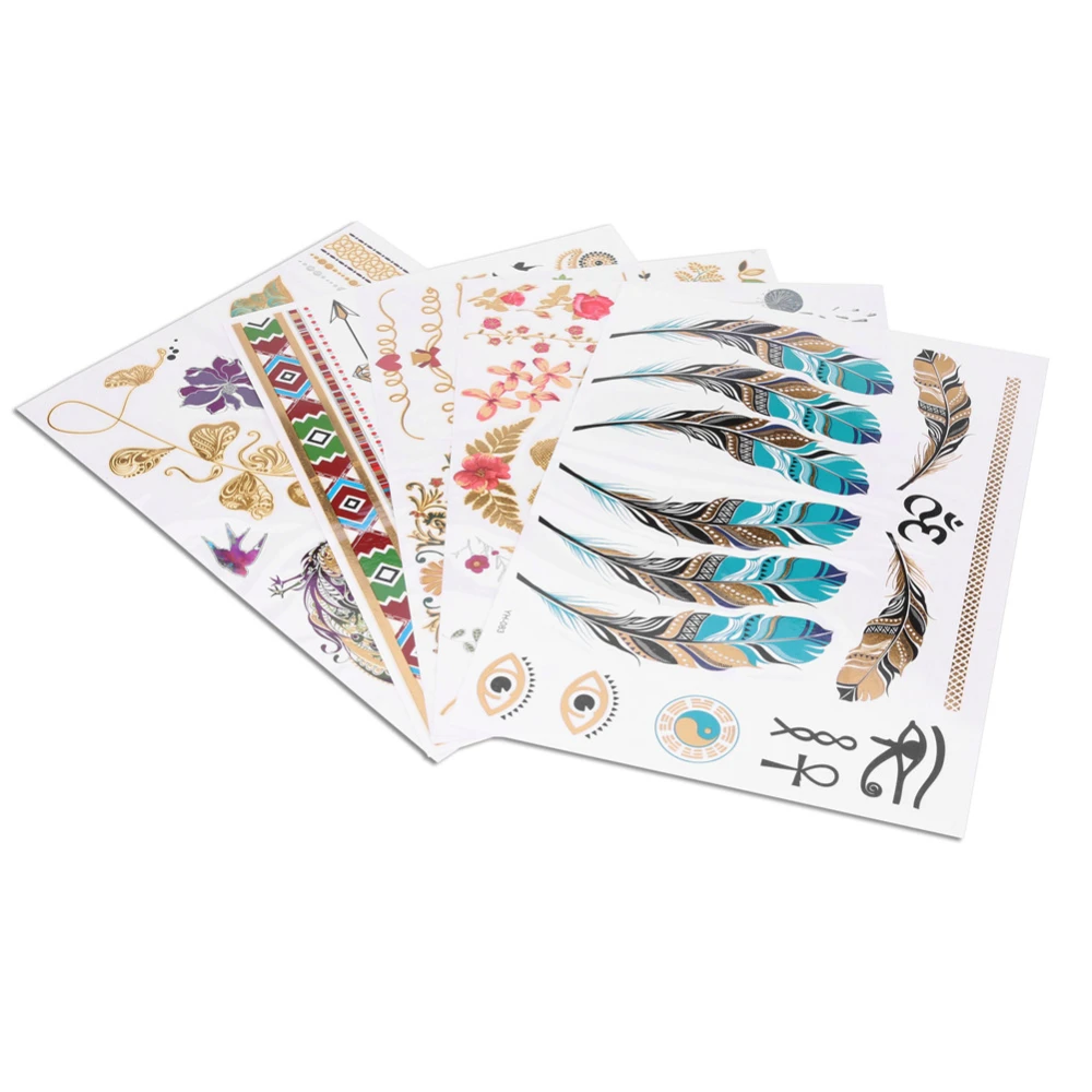 5pcs Mixed Metallic Golden Silver Colorful Pattern Temporary Disposable Tattoo Stickers