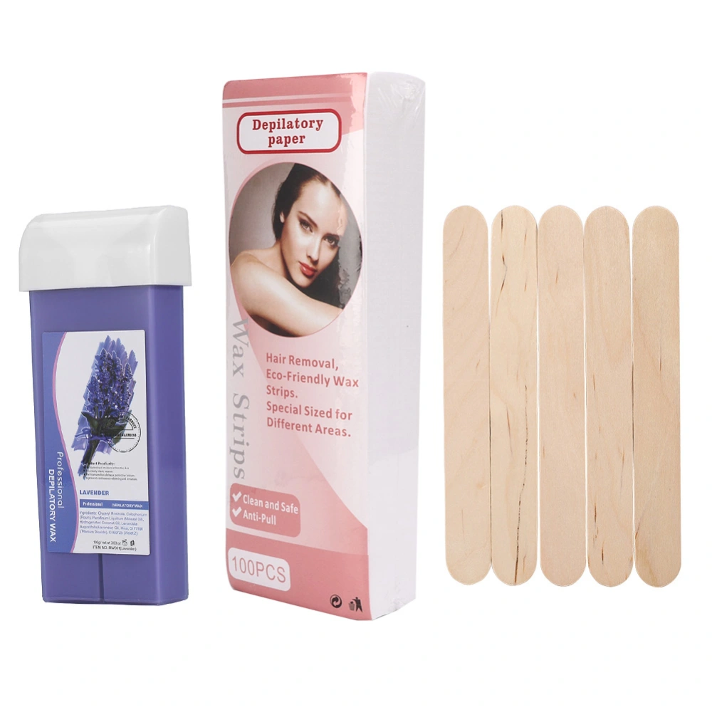 Depilatory Hair Removal Set 100g Wax 100PCS Depilatory Paper 5PCS Wodden Spatulas(Lavender)