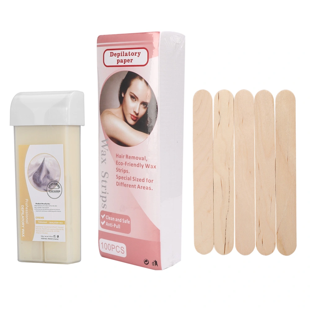 Depilatory Hair Removal Set 100g Wax 100PCS Depilatory Paper 5PCS Wodden Spatulas(Cream)