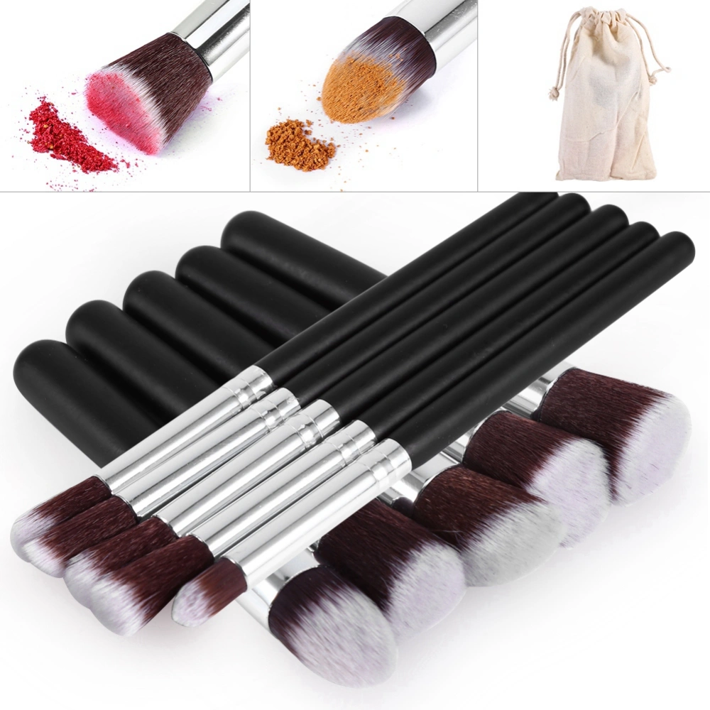 10Pcs Face Powder Eyeshadow Blush Nylon Hair Facial Makeup Brush (Black Silver Canvas Bag)