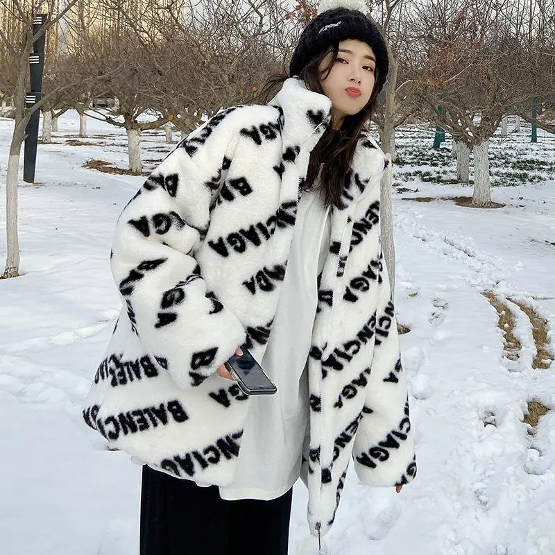 Autumn And Winter Style Fried Street Temperament Medium And Long Loose Thickened Letter Imitation Fur Plush Coat Women