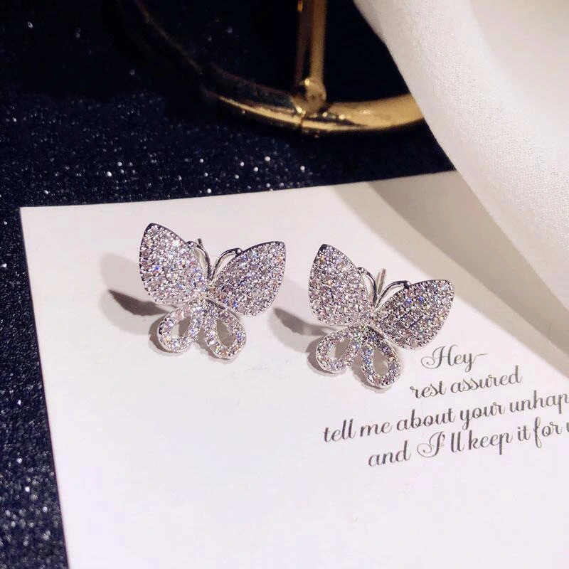 Women's Silver Micro Paved Infinity Moissanite Pretty Butterfly Stud Earrings Party Proposal Girls Birthday Gift Jewelry