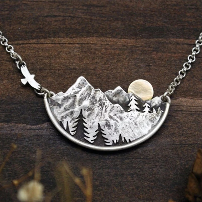 Vintage Viking Mountain Landscape Eagle Pendant Necklaces for Women Female Charm Necklace Party Jewelry