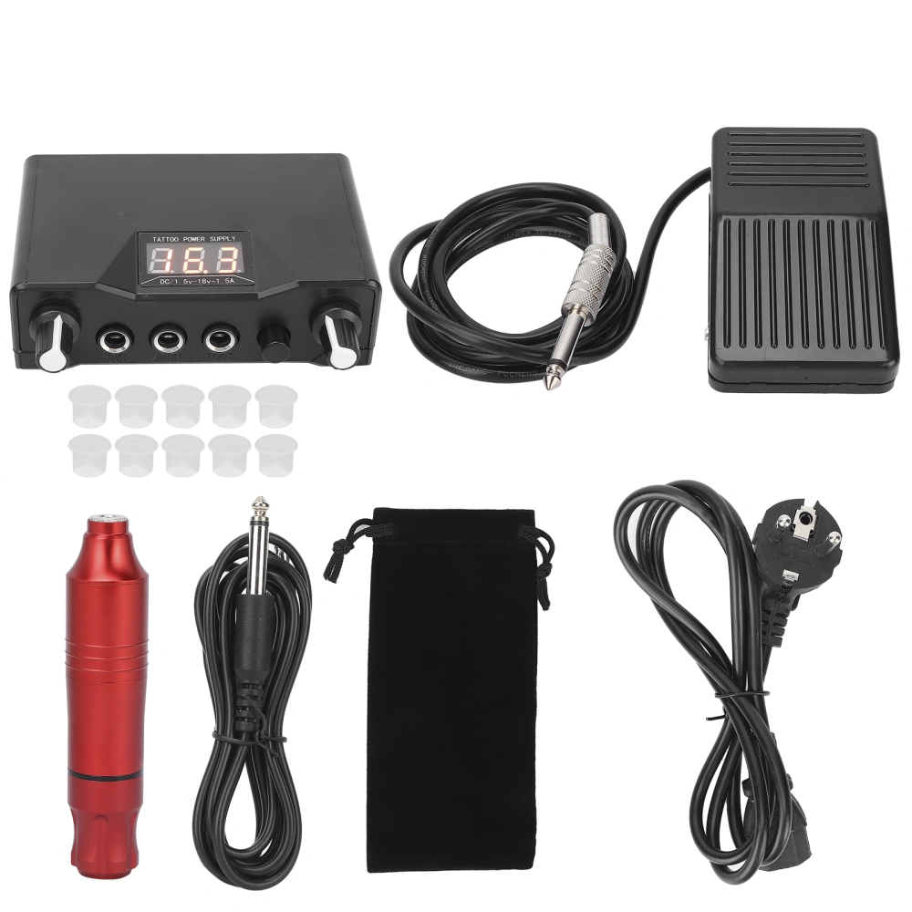 Professional Tattoo Machine Kit Tattoo Pen Foot Pedal Power Supply Set Red (90-250V)EU Plug