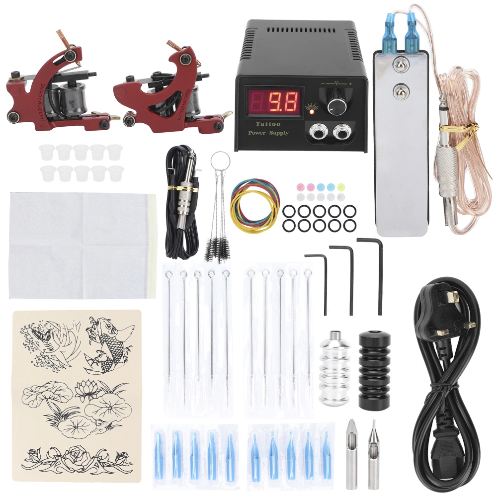 Complete Tattoo Machine Kit Tattoo Power Supply Tattoo Needles Tattoo Tool Set 90‑250VUK Plug