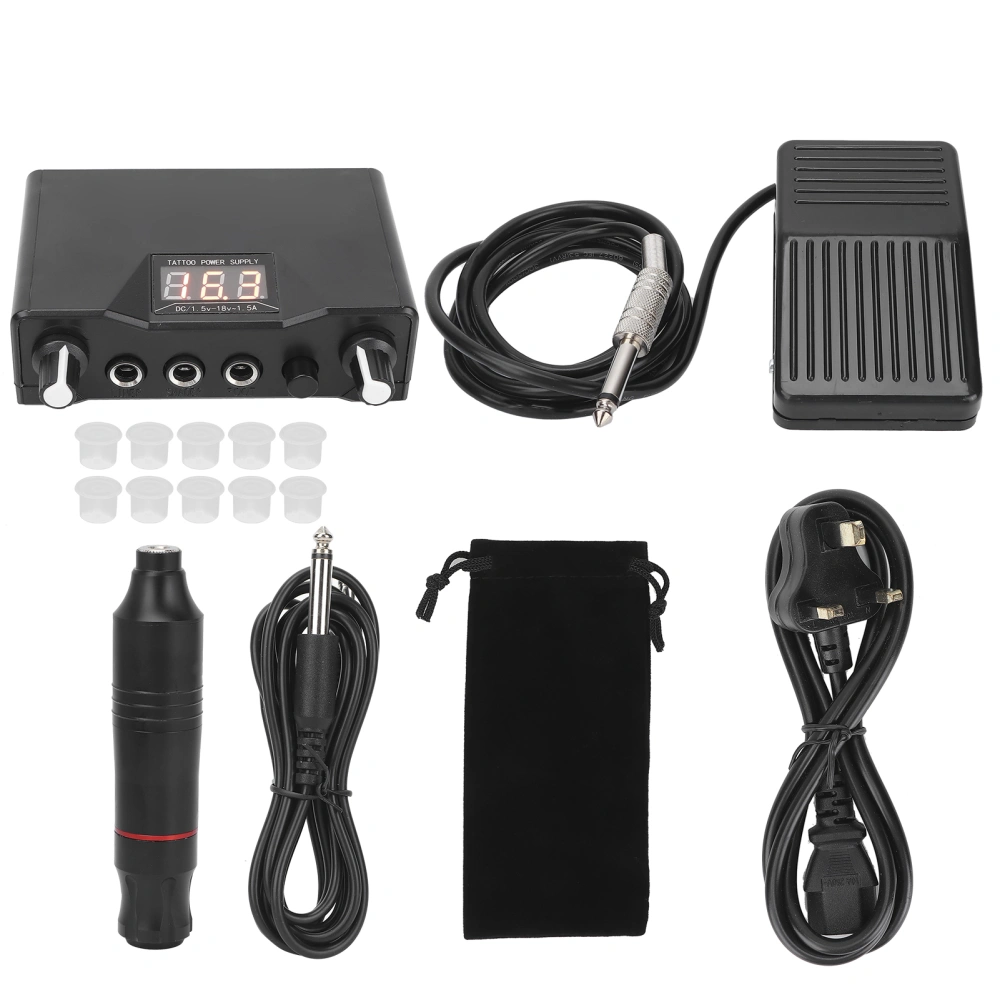 Professional Tattoo Pen Kit Tattoo Machine Foot Pedal Power Supply Set Black (90-250V)UK Plug