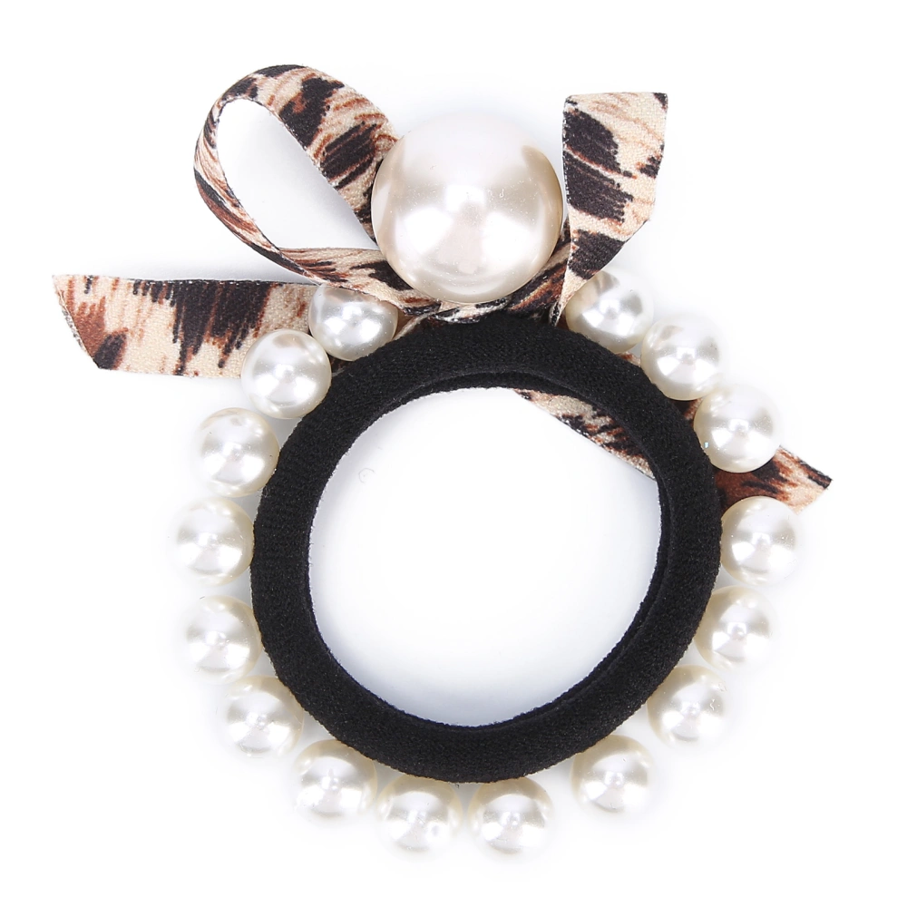 Faux Pearl Bowknot Hair Tie Rope Ponytail Holder Women Girls Elegant Hair Accessory GiftCoffee Leopard Print