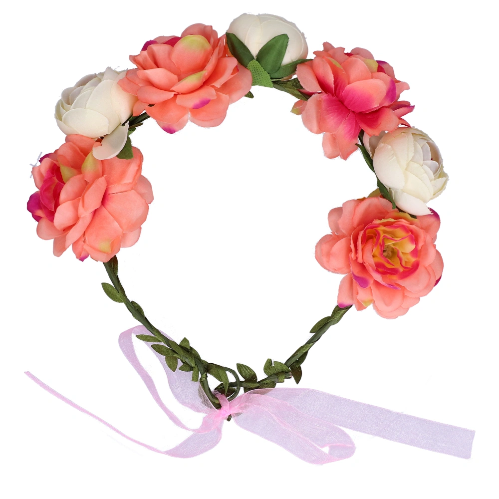 Adjustable Flower Wreath Headband Floral Garland Headpiece Artificial Floral Crown for WomenCoral Beige