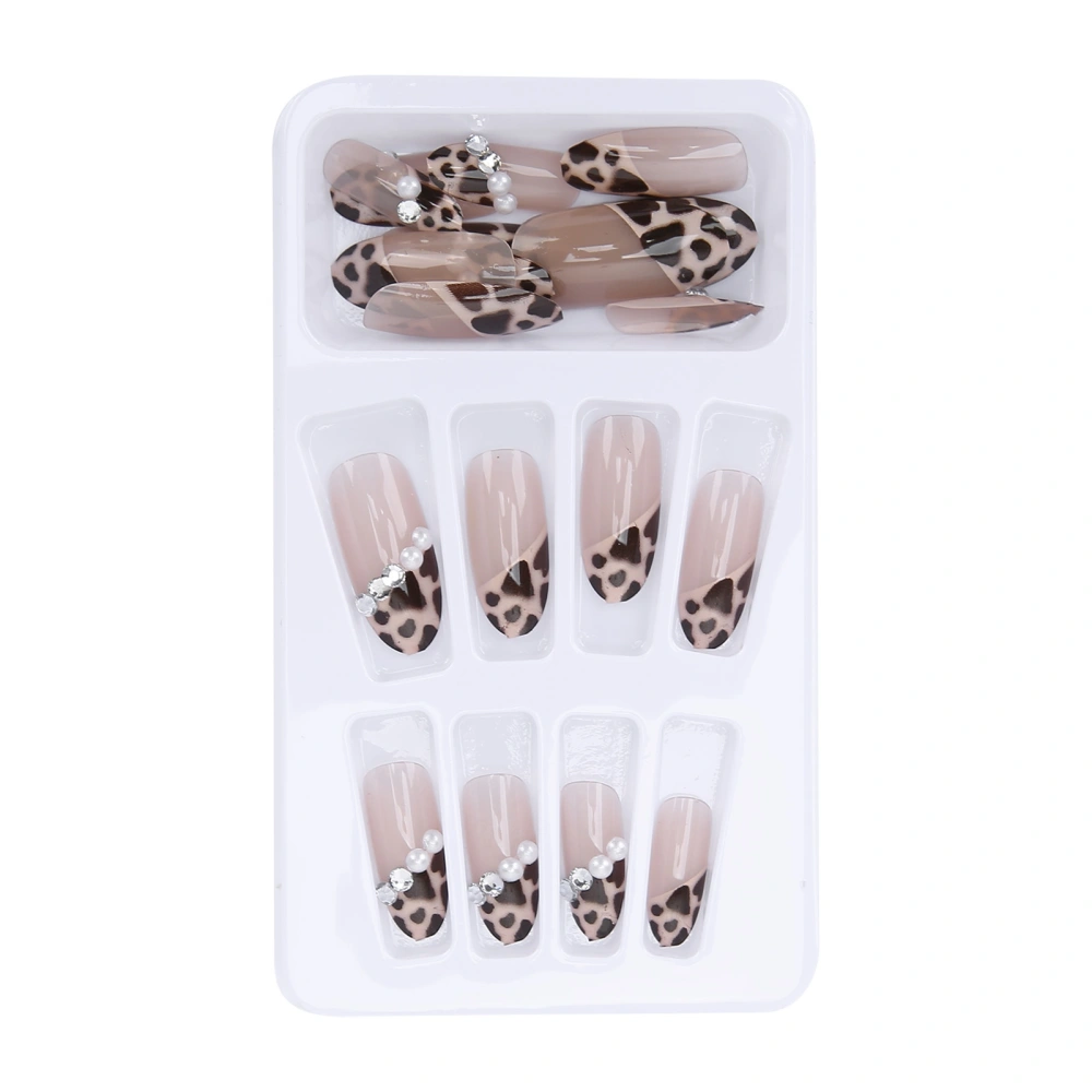 24pcs Leopard Print Faux Pearl False Nails Girls Full Cover Fake Nail Tip Manicure Tool