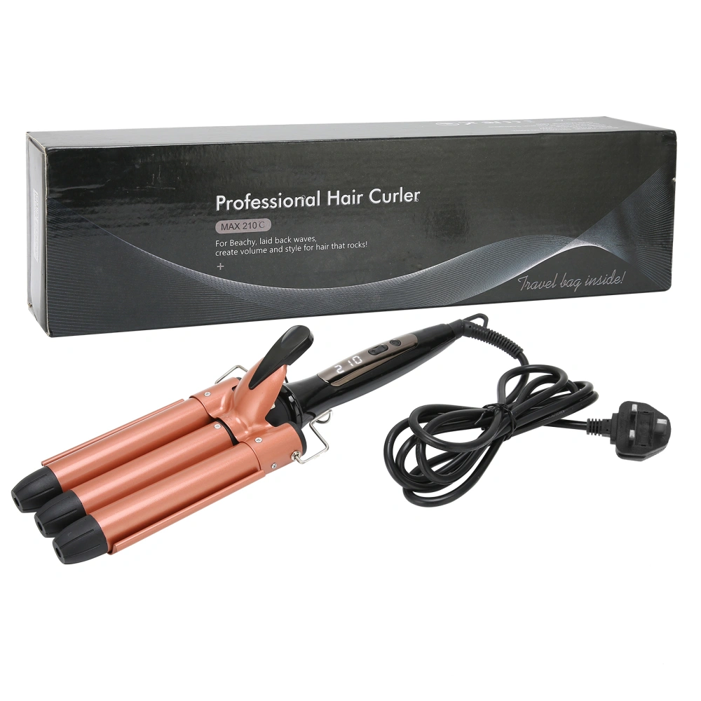 LCD 3 Barrel Hair Curling Iron Temperature Adjustable Household Portable Hair Curler 25mmUK Plug 220V