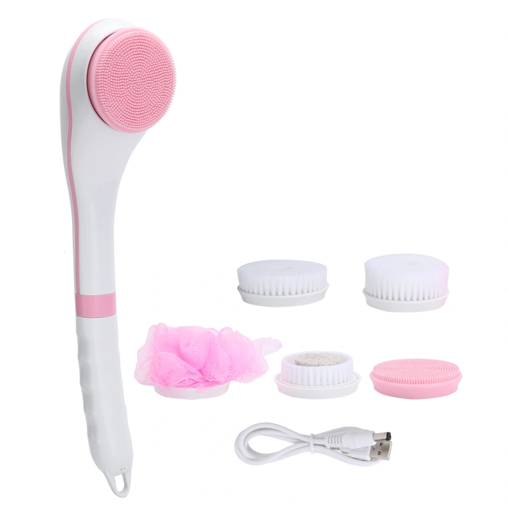 Electric Bath Brush with 5pcs Brushes Head MultiFunction Long Handle Massage 6 Gears Adjustable(Pink )